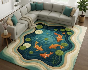Koi Fischteich Handgetufteter Wollteppich, Naturinspirierter Teppich und moderner 3D Koi-Teichteppich, Künstlerteppich für Wohnzimmer, Größe 5 × 7 Fuß