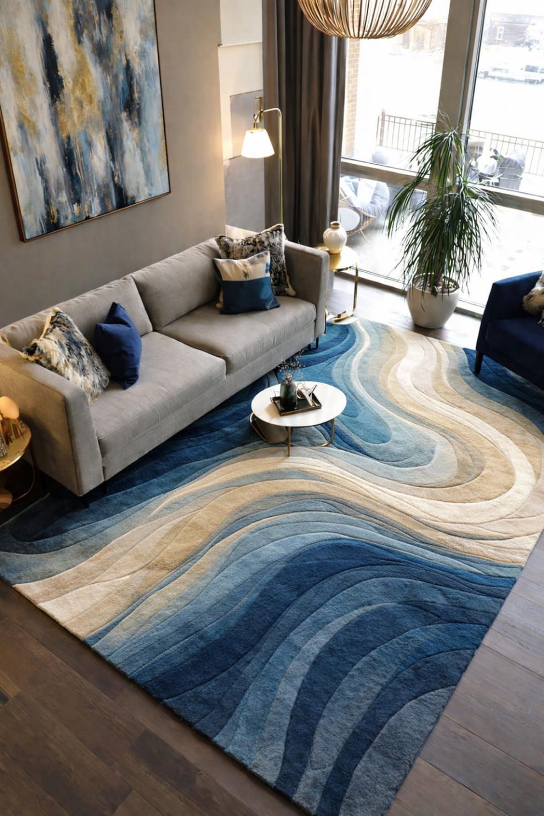 Modern Blue Abstract Outdoor Rug, Wave Pattern Area Rug, Patio Balcony ...