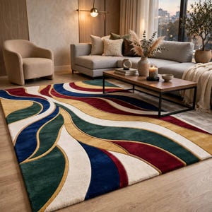 Abstract Wave Area Rug, Burgundy Navy Blue Green and Gold Rug, Modern Luxury Rectangular Carpet, Multicolor Contemporary Floor Decor Style