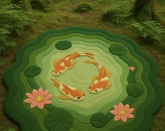 Hand-Tufted Koi Pond Rug : 3D Nature-Inspired Carpet With Lotus Flowers  & Green Layered Aesthetic Carpet Design For Living Room