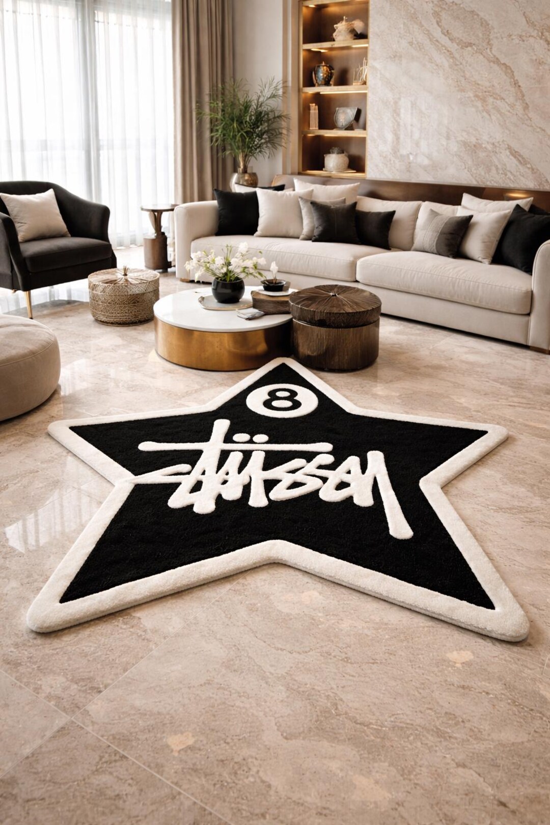 Hand Tufted Black Star Shape Rug 5x5 Ft, Modern Logo Style Rug, Custom ...