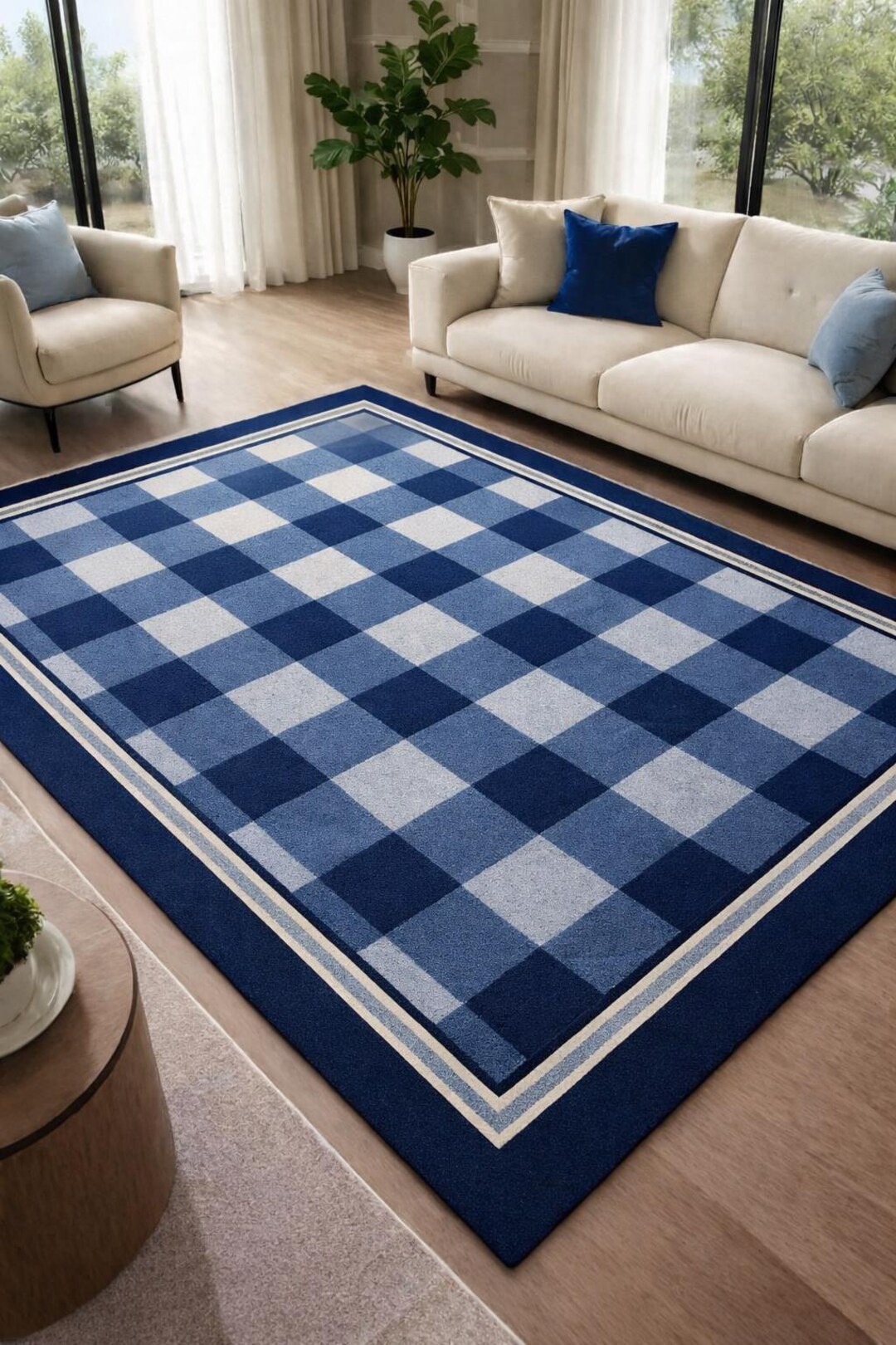 Layered Blue Rug Blue Checkered Area Rug, Modern Plaid Living Room Rug, Navy Blue ...