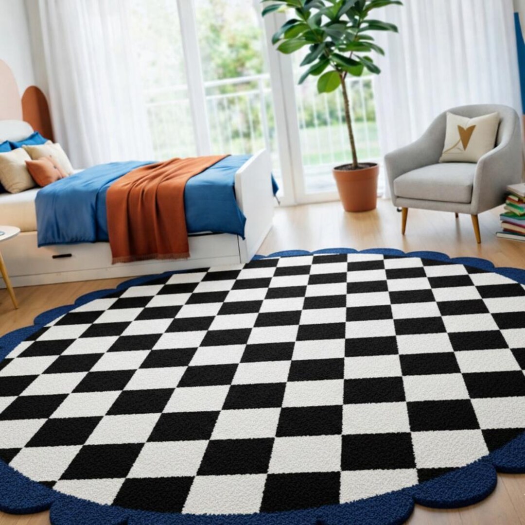 Handmade Scalloped Checker Wool Rug : Modern Blue White Check Deccor ...