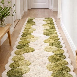 Green Abstract Runner Rug, Handmade Tufted Hallway Rug, Modern Organic Pattern Carpet, Soft Wool Runner, Long Corridor Rug, Unique Home Rug