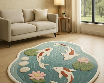 Koi Pond Rug | Lily Pads & Flowers, Artistic Nature Rug For Living Room