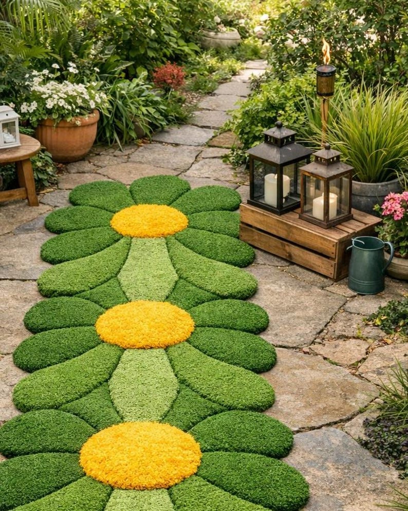 Pathways Rug Green Daisy Flower Rug, Yellow Center Floral Rug, Handmade Tufted ...