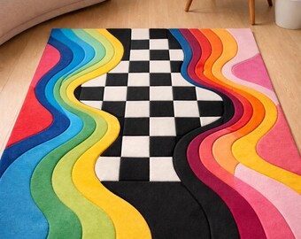 Hand Tufted Checkerboard Wave Rug, Colorful Abstract Wool Carpet, Modern Art Area Rug For Living Room & Bedroom Size 6x8 Feet