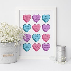 Valentine&#39;s Candy Print, Digital Download, Retro Art Print, Valentine&#39;s Day Art Decor, Vday Wall Art, Conversation Hearts