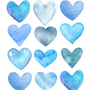 May include: Twelve watercolor hearts in shades of blue, light blue, and teal. The hearts are painted in a loose, organic style.