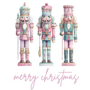 May include: A watercolour illustration of three pastel-coloured nutcrackers. Each figure has a unique design, with pink, blue, and gold accents. The phrase "merry christmas" is written in a cursive font below the nutcrackers.