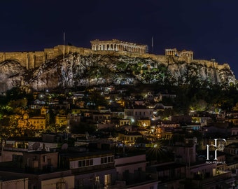 Acropolis Greece Athens Photography Travel Fine Art Print Wall Art Photograph Office Lobby Interior Design Vacation Souvenir Photo Night