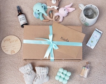 New Mom Gift Box | 100% Organic Baby Booties | Tea | Mug | Candles | Baby Rattle