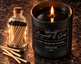 Matches and Candle | 11 oz Bergamot & Oud Black Wax Candle | Vegan Soy Wax | Clean Warm Spice