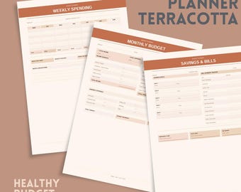 Zestaw do druku planera budżetu | Terakota i krem | Miesięczny budżet, tygodniowy tracker wydatków i oszczędności | Plik PDF A4 do natychmiastowego pobrania