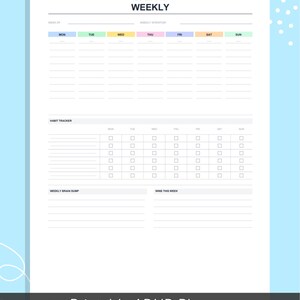 May include: A digital download printable ADHD weekly focus planner sheet featuring sections for weekly intentions, daily scheduling, a habit tracker with checkboxes for each day of the week, a weekly brain dump area, and a wins this week section.
