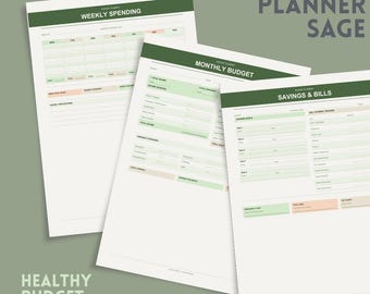 Zestaw do druku planera budżetu | Sage & Sand | Miesięczny budżet, tygodniowy tracker wydatków i oszczędności | Plik PDF A4 do natychmiastowego pobrania