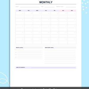 May include: A white monthly ADHD focus planner page with a grid calendar, sections for monthly goals, brain dump notes, and a habit of the month tracker. The header reads ADHD FOCUS PLANNER MONTHLY, with fields for month, year, and monthly focus.