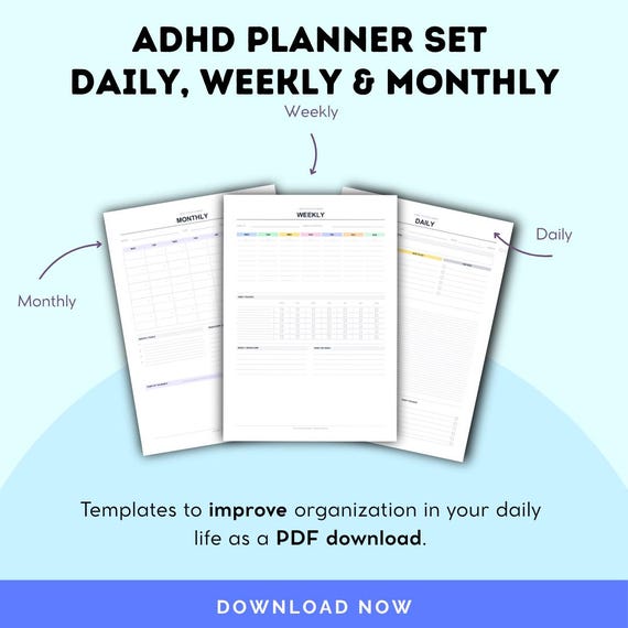 ADHD Planner Printable Bundle | Daily Weekly Monthly PDF | Minimalist Habit Tracker Brain Dump Time Blocks