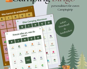 Spersonalizowane bingo kempingowe | Edytowalny szablon do personalizacji | Gra kempingowa dla rodzin i dzieci | Natychmiastowe pobranie pliku PDF