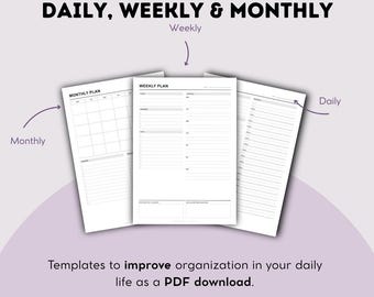 ADHD Planner Printable Bundle | Daily Weekly Monthly Planner PDF | Undated Minimalist Planner A4 | Digital Download | Instant Download