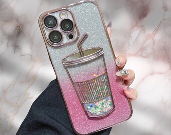 iPhone 15 Pro, Max, Plus Phone Case | Stylish Cute Trendy Gift, Sparkling Glitter Quicksand, 3D Coffee Lover Gift For Mom, Mothers Day Gift