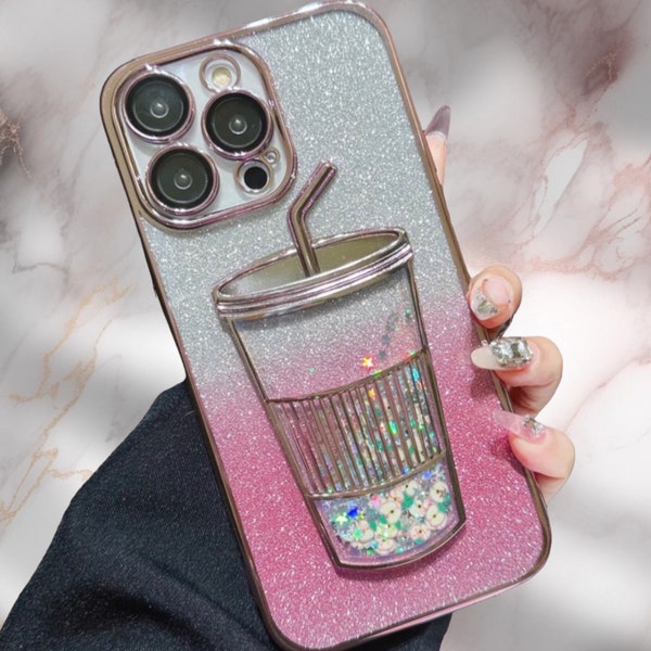 iPhone 15 Pro, Max, Plus Phone Case | Stylish Cute Trendy Gift, Sparkling Glitter Quicksand, 3D Coffee Lover Gift For Mom, Mothers Day Gift