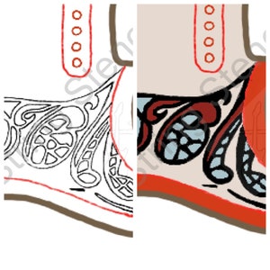 Puede incluir: Un dibujo en blanco y negro de una bota con intrincados diseños florales. La bota tiene un contorno rojo y una correa roja con cinco círculos blancos. El dibujo está sobre un fondo blanco.