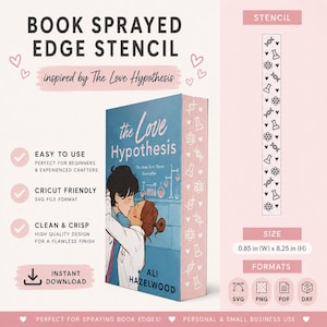 Puede incluir: Una plantilla para bordes de libros con un patrón repetitivo de cadenas de ADN, vasos de precipitados y átomos. El diseño es para el libro The Love Hypothesis de Ali Hazelwood. La plantilla mide 0.85 pulgadas de ancho por 8.25 pulgadas de alto y está disponible en formatos SVG, PNG, PDF y DXF para descarga digital.
