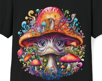 Lebendiges Pilz Grafik-Shirt - Psychedelisches Design mit verspieltem Gesicht