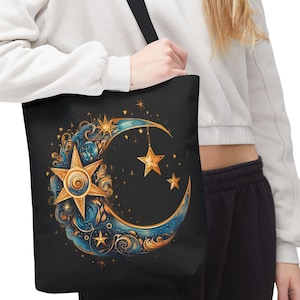 Moon and Star Tote Bag - Celestial Design Shopping Bag, Eco-Friendly Canvas Tote, Reusable Grocery Bag, Shoulder Bag, Carryall Tote