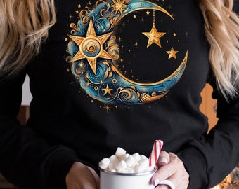 Camisa de manga larga con diseño de luna celestial y noche estrellada mística.