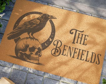 Raven and Skull Custom Coir Doormat – Gothic Home Decor