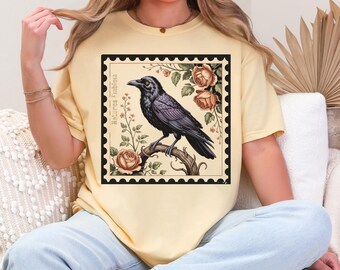 Vintage Raven Comfort Colors Tee, Crow Floral T-shirt, Nature Lover Shirt, Graphic Bird Top, Black Bird Tee