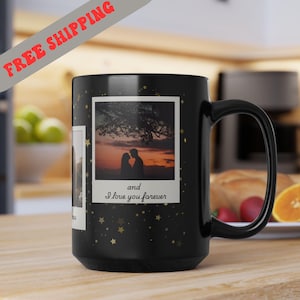 Mug noir photo personnalisé, cadre Polaroid avec texte personnalisé, 11 oz, 15 oz, cadeau pour les amateurs de café, tasse photo personnalisable, cadeau unique pour
