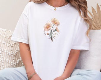 Camiseta de margaritas con colores cómodos para mujer, camiseta de flores silvestres de primavera/verano, regalo de flor de nacimiento/hermana, camisa de margaritas, camiseta de flores,
