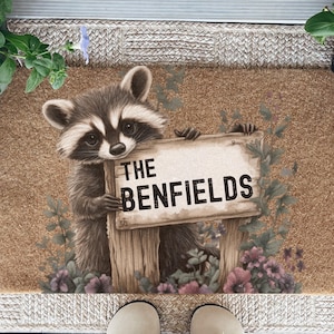 Personalized Family Doormat with Raccoon Design, Welcome Mat, Home Decor, Housewarming Gift, Outdoor Entrance Mat, Custom Sign
