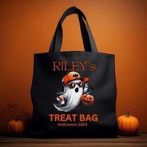 Customized Halloween Treat Bag with Cute Ghost and Pumpkin - Personalized Trick or Treat Bag for Kids, Cotton Canvas Tote Bag