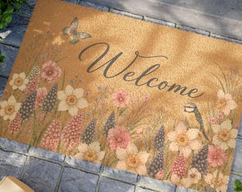 Blue Floral Welcome Doormat | Watercolor Bird Butterfly Coir Mat, Spring Cottage Porch Decor