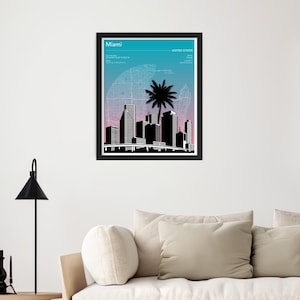 Miami Skyline Print – Stadskaart poster – Digitale palmboom muurkunst – Afdrukbaar Florida decor – Digitale muurposter – Minimalistische muurkunst