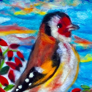 Goldfinch and sweetbriar painting, colorful bird canvas print, garden bird, nature bird print,