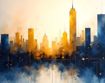 May include: A digital painting of a city skyline with tall buildings in shades of blue and gold. The buildings are silhouetted against a white background with a hazy, watercolor effect. The skyline is reflected in a body of water at the bottom of the image.