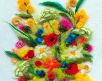 Bouquet di fiori selvatici multicolori, arte floreale, pittura ad ago di fiori selvatici, decorazione originale unica, regalo, effetto 3D