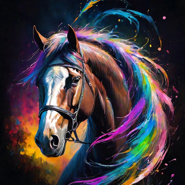 Portrait de Cheval Multicolore avec Éclaboussures de Couleur sur Fond Noir - Impression Sur Toile - Œuvre Unique Haute Qualité