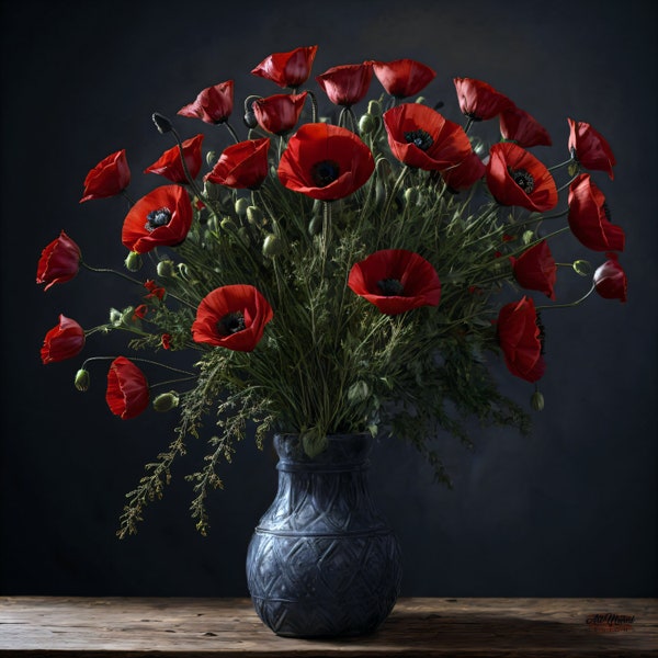 Bouquet Éclatant de Coquelicots - Impression Sur Toile Tableau Original et Unique, Art Floral Rouge et Noir, Décoration Chic