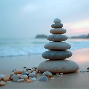 Beach at dusk painting or poster | Stone calm poster in blue and gray | Nature decoration, mindfulness, balance