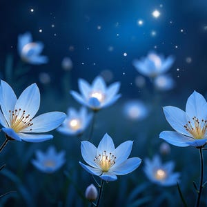 Leinwanddruck, verzaubertes Nachtgarten-Poster, Mondblumen, Jasmin, Sternenhimmelkunst, Nachtszene, Märchen, himmlische Blume