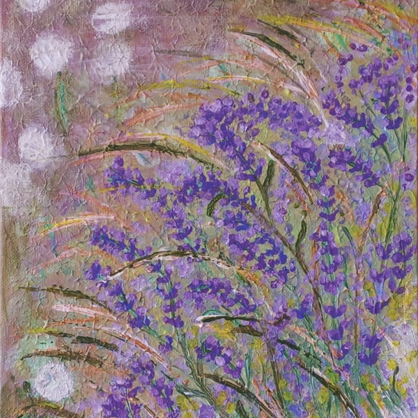 Tableau Envoûtant de Lavande sur Fond d'Herbes Sauvages - Art Botanique Original, abstrait, fleur bleu, violette, peinture bleu, fait main