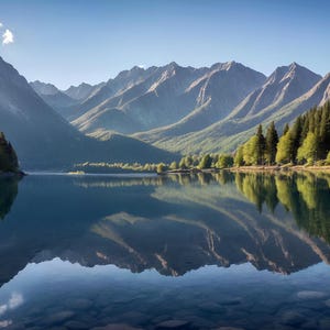 Dipinto o poster di montagna e lago – Paesaggio naturale zen al mattino presto – Arte murale della serenità – Paesaggio scandinavo – Decorazione murale delicata.