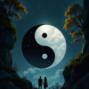 Peut inclure: Un symbole yin yang noir et blanc avec des étoiles dans la moitié noire et des nuages dans la moitié blanche, sur un fond de ciel nocturne bleu foncé avec un couple debout devant.