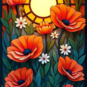 Amapolas en la naturaleza sobre un fondo de vidrieras, impresión en lienzo o póster, arte floral rojo y negro, decoración de flores rojas